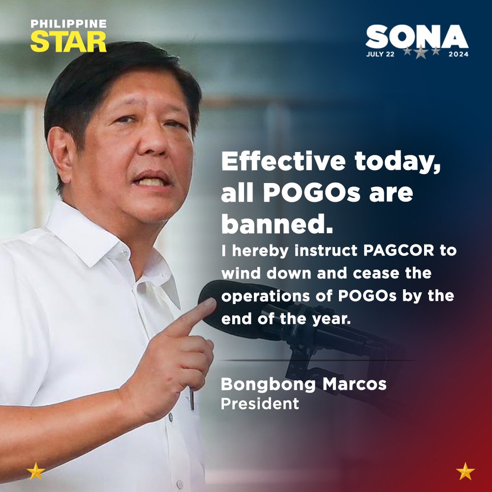 PhilippineStar's tweet photo. 'ALL POGOs ARE BANNED'

President Ferdinand Marcos Jr. announced the POGO ban in the country effective today, July 22, 2024.

"I hereby instruct PAGCOR to wind down and seize the operations of POGOs by the end of the year," Marcos Jr. remarked during his third SONA.

Watch #SONA2024 live stream:

Facebook: https://t.co/yks7psAnvl
Youtube: https://t.co/KGL7K9fo5m
TikTok: https://t.co/UXhbLnxaYj