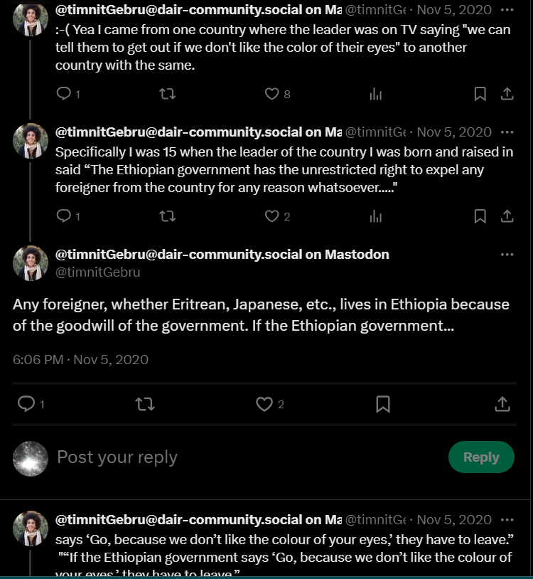 WanderFearless's tweet photo. 1/Let's talk real facts: this is a serious case of projection. Prior to #tigray war, @timnitGebru barely mentioned #Eritrea. She talked more ab #Ethiopia & self -identified as an #Ethiopian. This is paradoxically, fr a person that was kicked out of her "homeland" bc of ethnicity https://t.co/zrlil3ZDK4