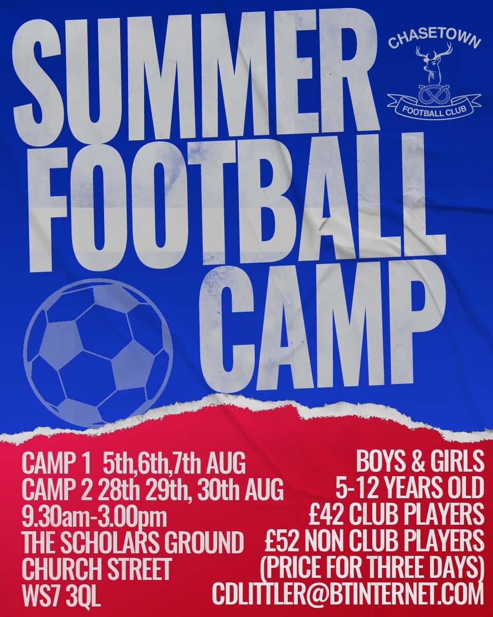 Chasetown FC (@chasetownfc1954) on Twitter photo โ๏ธโฝ๐๐ข๐ข๐ง๐๐๐๐ ๐๐๐ ๐ฃ๐ฆ ๐๐ฅ๐ ๐๐๐๐! โฝโ๏ธ
This AUGUST we have 2 soccer camps for boys and girls aged 5-12 years old.
๐๐๐ ๐ฃ ๐ญ- 5th, 6th, 7th AUGUST (9.30 until 3.00pm)
๐๐๐ ๐ฃ ๐ฎ - 28th, 29th, 30th AUGUST (9.30 until 3.00pm)
MORE INFO:
pitchero.com/clubs/chasetowโฆ โ๏ธโฝ๐๐ข๐ข๐ง๐๐๐๐ ๐๐๐ ๐ฃ๐ฆ ๐๐ฅ๐ ๐๐๐๐! โฝโ๏ธ
This AUGUST we have 2 soccer camps for boys and girls aged 5-12 years old.
๐๐๐ ๐ฃ ๐ญ- 5th, 6th, 7th AUGUST (9.30 until 3.00pm)
๐๐๐ ๐ฃ ๐ฎ - 28th, 29th, 30th AUGUST (9.30 until 3.00pm)
MORE INFO:
pitchero.com/clubs/chasetowโฆ
