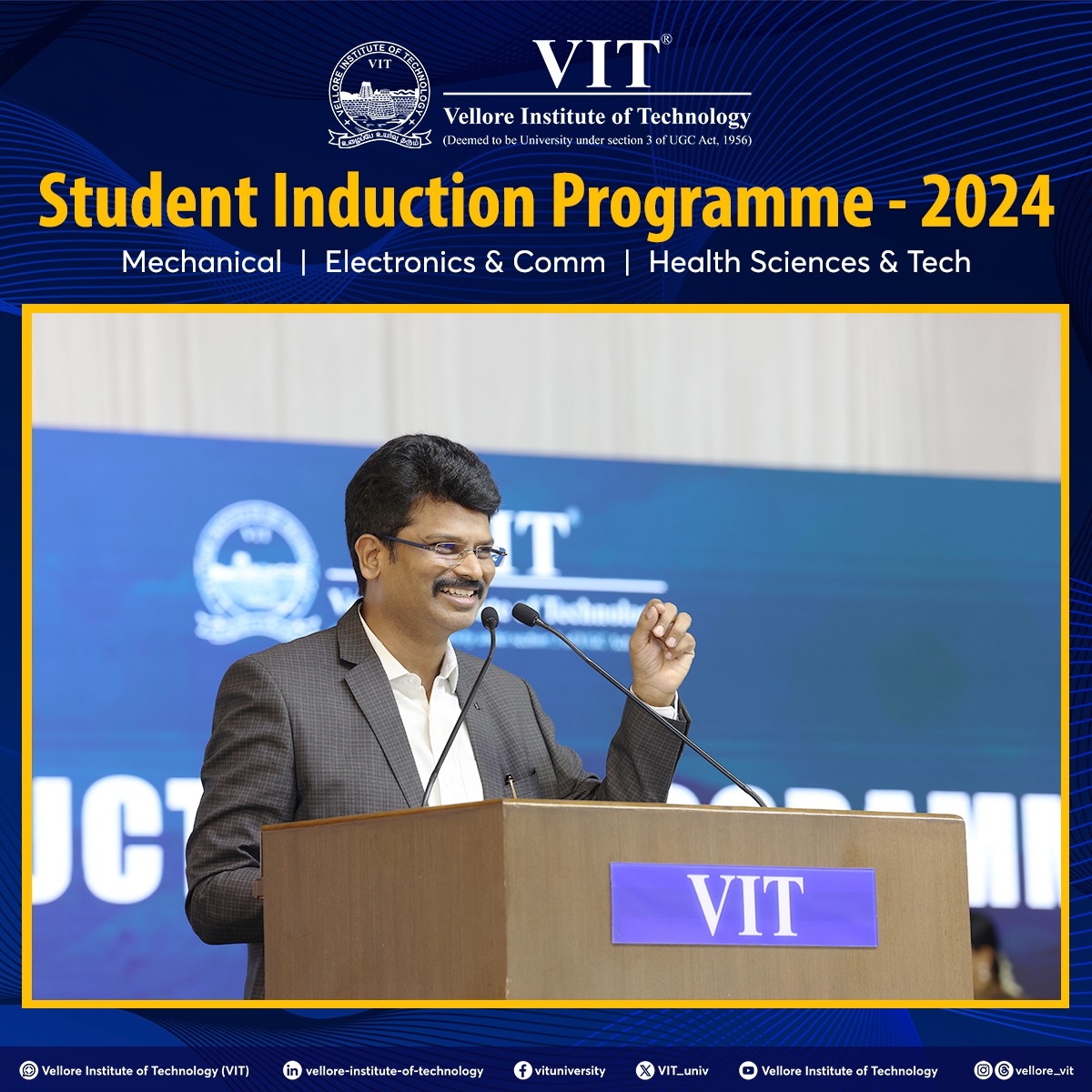 VIT_univ's tweet photo. The #InductionProgramme kick-started today, with our #Classof2028 https://t.co/vPP0VU3J3X Mech, https://t.co/vPP0VU3J3X ECE, and https://t.co/vPP0VU3J3X Health Sciences and Tech freshers receiving a warm welcome from the #VIT family!
#Freshers #HelloVIT #WelcomeFreshers #BTech https://t.co/OT5C90zQBl