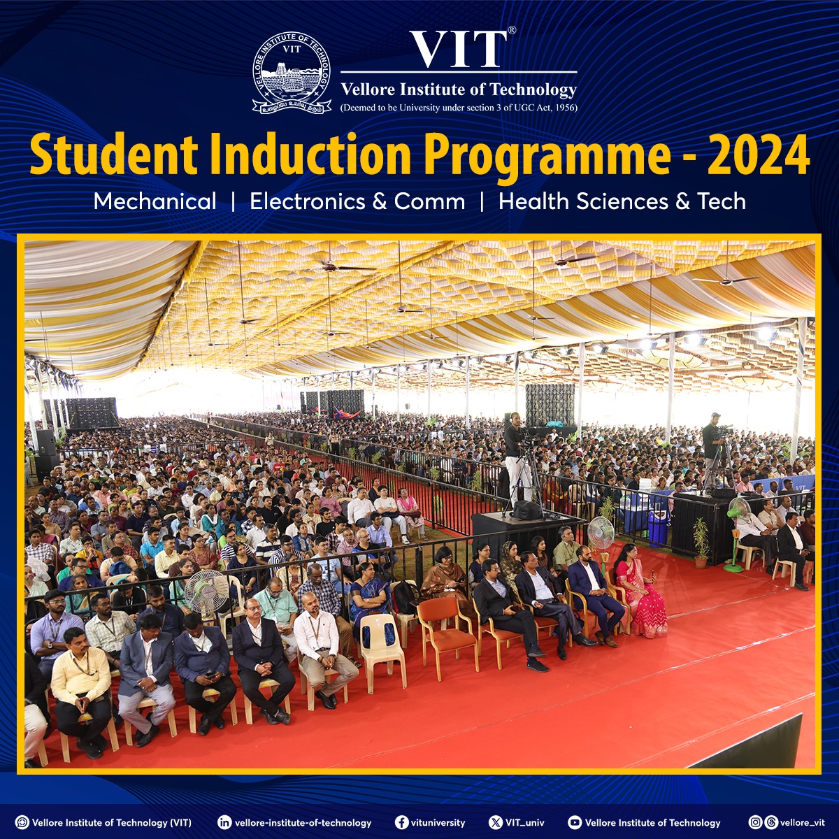 VIT_univ's tweet photo. The #InductionProgramme kick-started today, with our #Classof2028 https://t.co/vPP0VU3J3X Mech, https://t.co/vPP0VU3J3X ECE, and https://t.co/vPP0VU3J3X Health Sciences and Tech freshers receiving a warm welcome from the #VIT family!
#Freshers #HelloVIT #WelcomeFreshers #BTech https://t.co/OT5C90zQBl