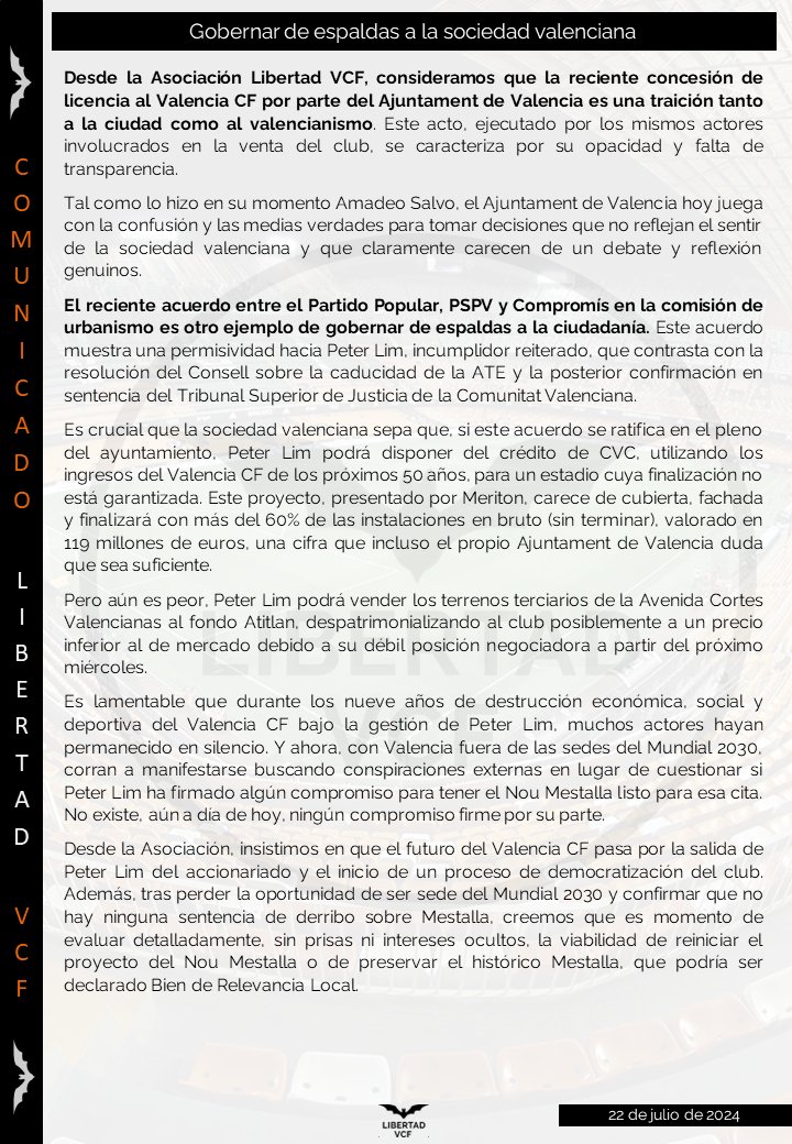 🚨🚨COMUNICADO OFICIAL🚨🚨
Desde la Asociación Libertad VCF, consideramos que la reciente concesión de licencia al <a href="/valenciacf/">Valencia CF</a> por parte del <a href="/AjuntamentVLC/">Ajuntament València</a>  es una traición tanto a la ciudad como al valencianismo.

El reciente acuerdo entre el <a href="/ppcv/">Partido Popular Comunitat Valenciana</a>, <a href="/SocialistesVal/">PSPV-PSOE</a>  y <a href="/compromis/">Compromís</a>
