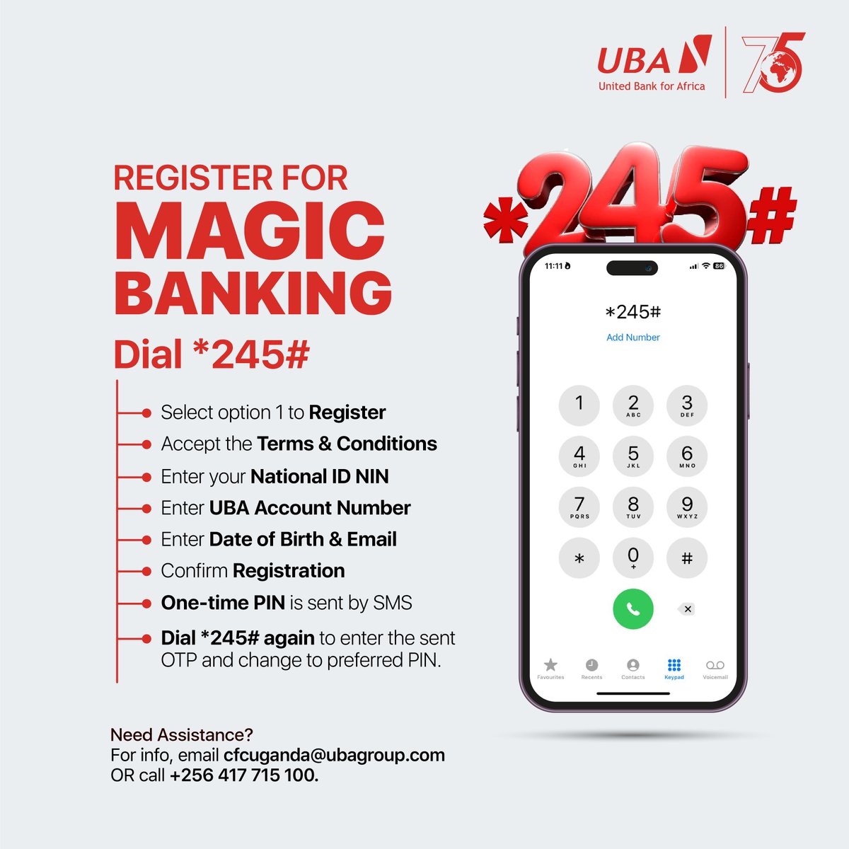 UBAUganda's tweet photo. Have you heard? You can register yourself to use our Magic Banking platform and make payments anywhere, anytime at your convenience with UBA Magic Banking.
Here is how to self-register on Magic Banking.
#UBAUSSD #MagicBanking #AfricasGlobalBank https://t.co/pCz4WmqaS5