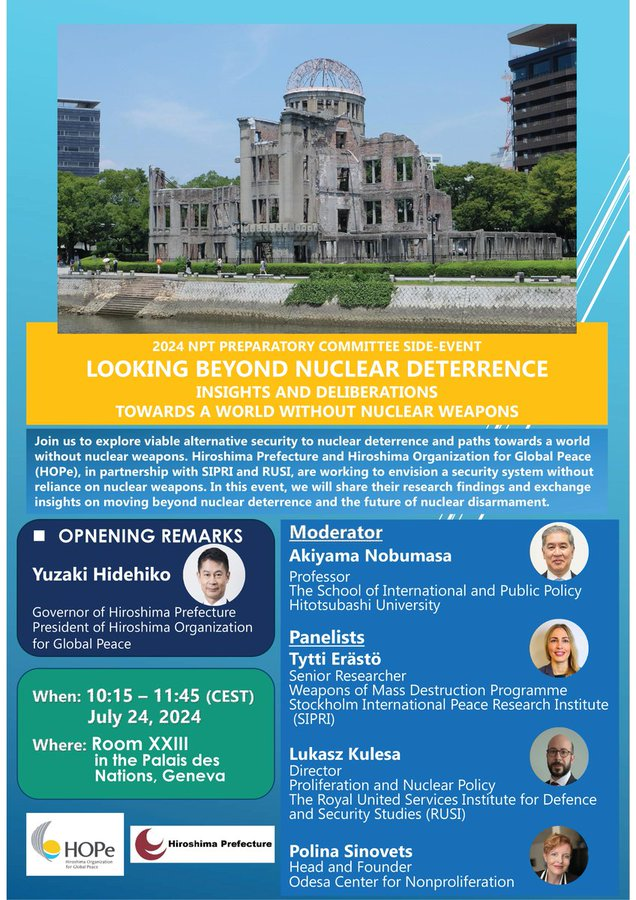 Lukasz Kulesa (@lukasz_kulesa) on Twitter photo Looking forward to come Geneva for (a bit of) #NPTPrepCom & participate in the <a href="/PHiroshimapref/">Hiroshima Organization for Global Peace (HOPe)</a> side event to explore alternatives to nuclear deterrence with Gov. Yuzaki ,<a href="/nobu_akiyama/">nobu akiyama</a>, <a href="/TyttiErasto/">Tytti Erästö</a>,
<a href="/PSinovets/">Polina Sinovets</a>. Join us on Wed 24 July at 10:15-11:45, room XXIII Looking forward to come Geneva for (a bit of) #NPTPrepCom & participate in the <a href="/PHiroshimapref/">Hiroshima Organization for Global Peace (HOPe)</a> side event to explore alternatives to nuclear deterrence with Gov. Yuzaki ,<a href="/nobu_akiyama/">nobu akiyama</a>, <a href="/TyttiErasto/">Tytti Erästö</a>,
<a href="/PSinovets/">Polina Sinovets</a>. Join us on Wed 24 July at 10:15-11:45, room XXIII