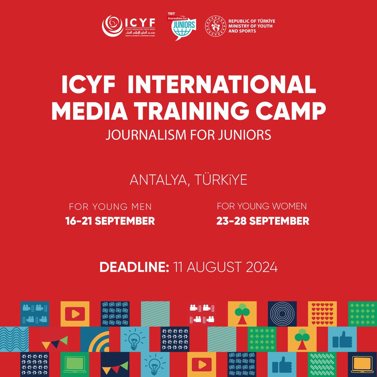 Lights, Camera📸, and Action! The ICYF International Media Training Camp, in partnership with the Ministry of Youth and Sports of Türkiye and TRT World Journalism for Juniors, is back in 2024, and we can’t wait to uncover all the action with you in Antalya. If you love the