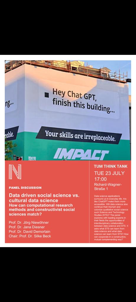 Nils Matzner (@motoko42) on Twitter photo Computational social science? Or data science with social topics? 🤖👩💻🕵️
On Tue our high profile panel discusses if and how computational methods and social science / #STS can cooperate.
<a href="/TUM_STS/">TUM Department of Science, Technology & Society</a>
sts.sot.tum.de/sts/sts-depart… Computational social science? Or data science with social topics? 🤖👩💻🕵️
On Tue our high profile panel discusses if and how computational methods and social science / #STS can cooperate.
<a href="/TUM_STS/">TUM Department of Science, Technology & Society</a>
sts.sot.tum.de/sts/sts-depart…