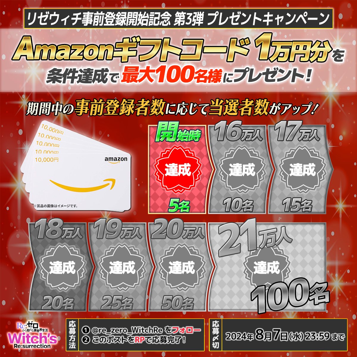 Re:ゼロから始める異世界生活 Witch's Re:surrection(リゼウィチ)公式 (@re_zero_witchre) on Twitter photo /
📢最大で100名様に
1万円分のAmazonギフトコードが当たる‼️
\
期間中、事前登録者数に応じて当選者数がUP✨
プレゼントキャンペーンを実施中🎁
👇参加方法👇
1⃣<a href="/re_zero_WitchRe/">Re:ゼロから始める異世界生活 Witch's Re:surrection(リゼウィチ)公式</a> をフォロー
2⃣このポストをRP
〆切:8/7(水) 23:59まで
🔽詳細はこちら
re-zero-witch.jp/information/17…
#リゼウィチ /
📢最大で100名様に
1万円分のAmazonギフトコードが当たる‼️
\
期間中、事前登録者数に応じて当選者数がUP✨
プレゼントキャンペーンを実施中🎁
👇参加方法👇
1⃣<a href="/re_zero_WitchRe/">Re:ゼロから始める異世界生活 Witch's Re:surrection(リゼウィチ)公式</a> をフォロー
2⃣このポストをRP
〆切:8/7(水) 23:59まで
🔽詳細はこちら
re-zero-witch.jp/information/17…
#リゼウィチ