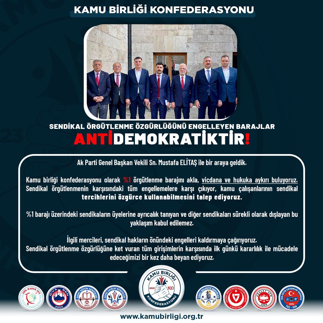 SENDİKAL ÖRGÜTLENME ÖZGÜRLÜĞÜNÜ ENGELLEYEN BARAJLAR ANTİDEMOKRATİKTİR!

Kamu Birliği Konfederasyonu Genel Başkanı Osman KAYA,
Ak Parti Genel Başkan Vekili Sn. Mustafa Elitaş ile bir araya geldi.

Kamu birliği konfederasyonu olarak %1 örgütlenme barajını akla, vicdana ve hukuka