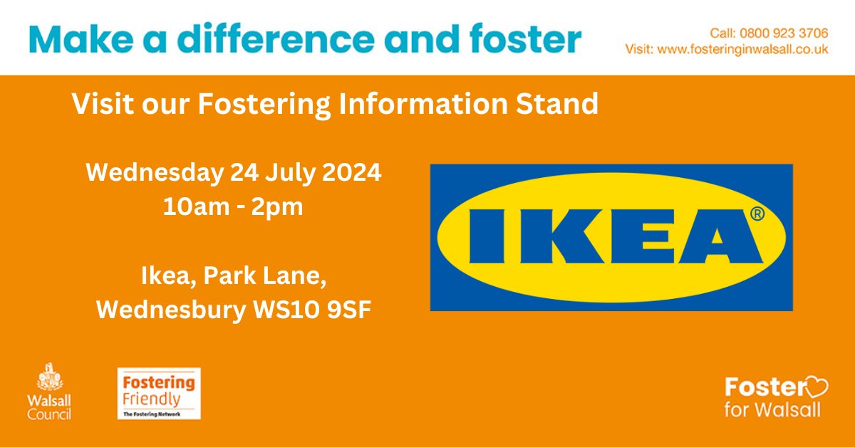 Foster4Walsall's tweet photo. The Fostering team are looking forward to providing information and answering your fostering questions at IKEA Wednesbury, 10am - 2pm.
Visit our website https://t.co/gMOQmI1cQb https://t.co/v7DHZuyGQk