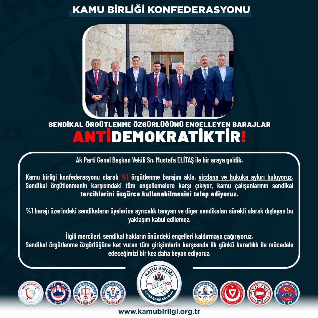 📣 SENDİKAL ÖRGÜTLENME ÖZGÜRLÜĞÜNÜ ENGELLEYEN BARAJLAR ANTİDEMOKRATİKTİR!

AK Parti Genel Başkan Vekili Sn. Mustafa ELİTAŞ ile bir araya geldik.

Kamu birliği konfederasyonu olarak %1 örgütlenme barajını akla, vicdana ve hukuka aykırı buluyoruz. Sendikal örgütlenmenin