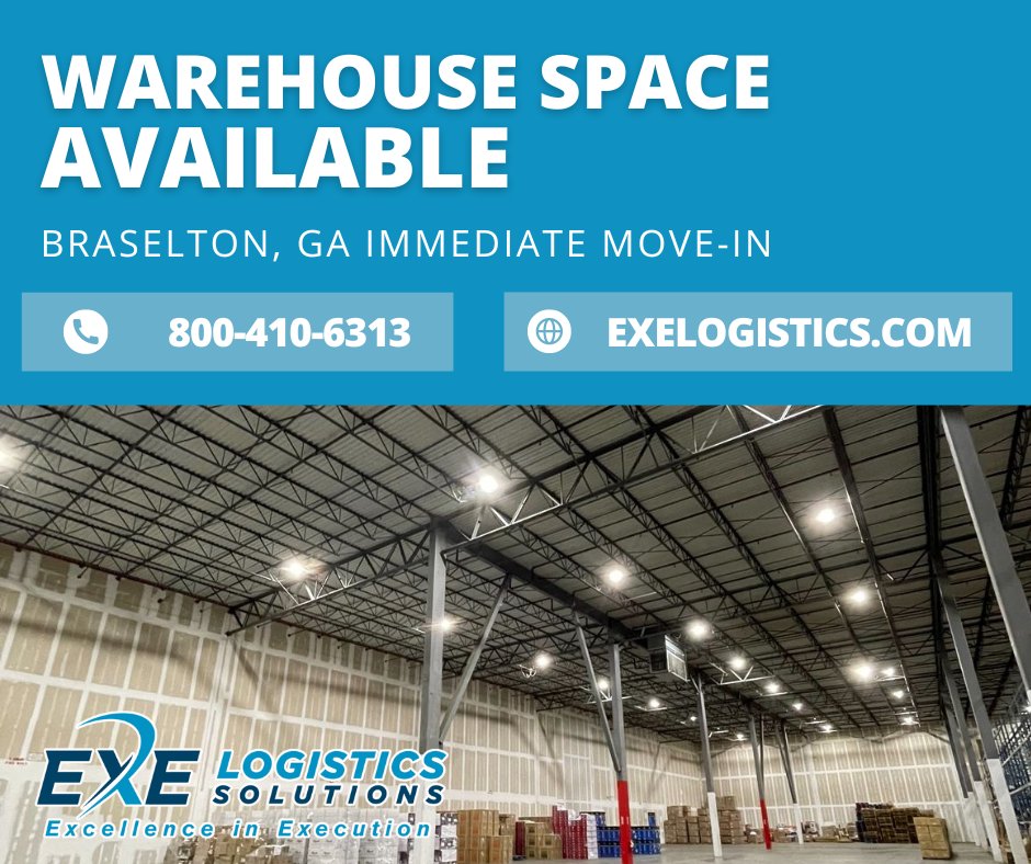exelogistics's tweet photo. EXE Logistics Solutions is offering warehouse space in Braselton, GA ready for move-in. Along with 30,000 square feet of space, we have an experienced warehouse leadership team ready to support your operations. Contact us for details! https://t.co/rIEFOqM4bY