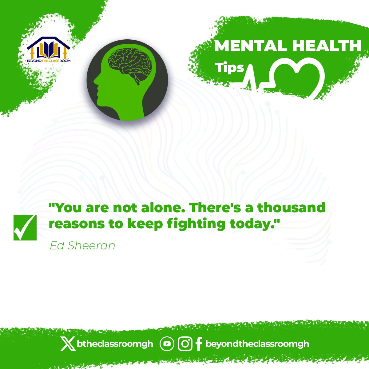 btheclassroomgh's tweet photo. Remember, 'You are not alone. There's a thousand reasons to keep fighting today.' -
@edsheeran. From his song 'Save Myself,' released 7 years ago. 💪❤️ #MentalHealth #YouAreNotAlone #EdSheeran #SaveMyself" https://t.co/NbCsEbr5zn