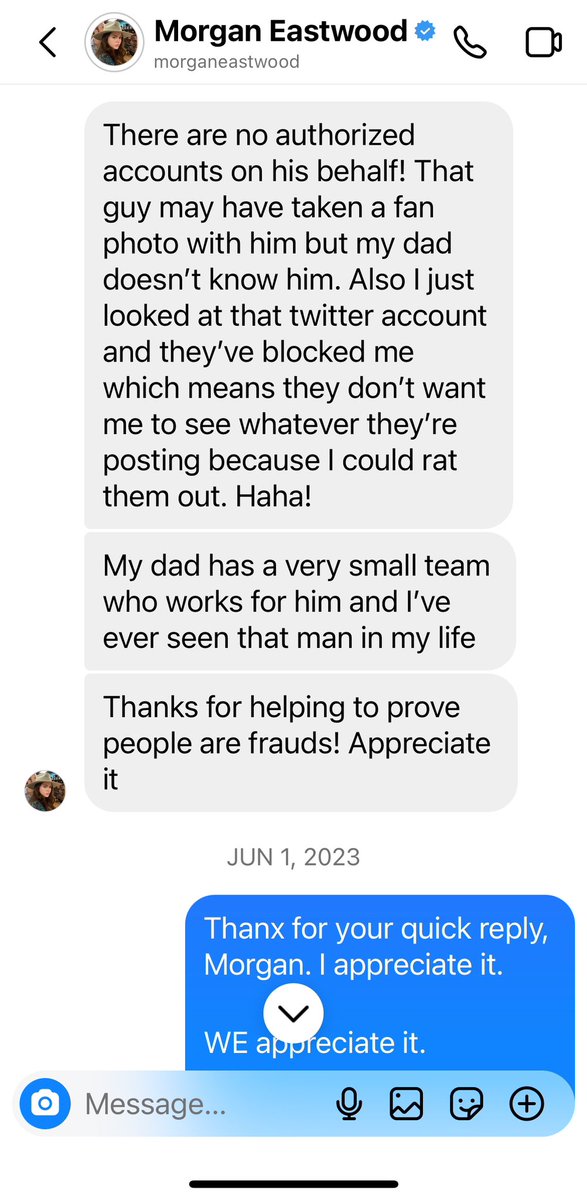 CGCGUNCONTR0L's tweet photo. In a recent post (07.13), @CarterJaime_ / @Jaime1965_ writes a lengthy diatribe, purported 2B o/b/o @RealAndrewWB, w/r/t the entirely bogus #ClintEastwood acct @EastwoodMalpaso, wherein “she” lies non-stop. As we would expect.

1st, my Xchange w/ @MorganEastwood was not 3 yrs ago https://t.co/I8FQAI3eOq