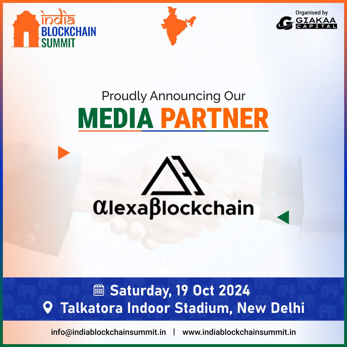 INDBSummit's tweet photo. We're proud to have @AlexaBlockchain  as our media Partner for @INDBSummit! 

See you on October 19 at Talkatora Indoor Stadium, New Delhi. Giakaa Capital brings you this event focused on blockchain's future. 

Details at https://t.co/PJYxaeVWyx.

#IBS2024 #IndiaBlockchainSummit https://t.co/2UTmLBIRNf