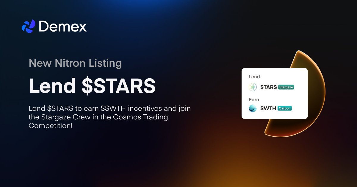 Demex (@demexchange) on Twitter photo Transfers between <a href="/StargazeZone/">Stargaze β¨π</a> and <a href="/0xcarbon/">Carbon - SWTH π</a> are back up and running! You can now deposit $STARS on Demex.
By lending $STARS on Nitron, you can:
β¨ Earn $SWTH incentives
β¨ Join the Stargaze Crew in the Cosmos Trading Competition and win up to $100K in prizes Transfers between <a href="/StargazeZone/">Stargaze β¨π</a> and <a href="/0xcarbon/">Carbon - SWTH π</a> are back up and running! You can now deposit $STARS on Demex.
By lending $STARS on Nitron, you can:
β¨ Earn $SWTH incentives
β¨ Join the Stargaze Crew in the Cosmos Trading Competition and win up to $100K in prizes