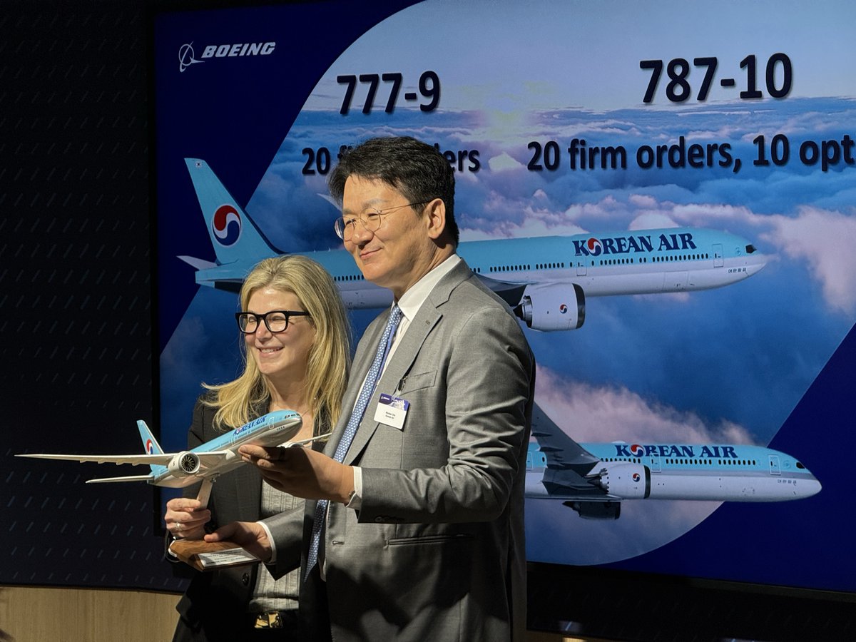 jonostrower's tweet photo. NEWS: Korean Air announces firm order for 40 Boeing widebodies, including 20 777-9 and 20 787-10. First 777X due in 2028. #FIA2024 https://t.co/LLlHS8ejQV