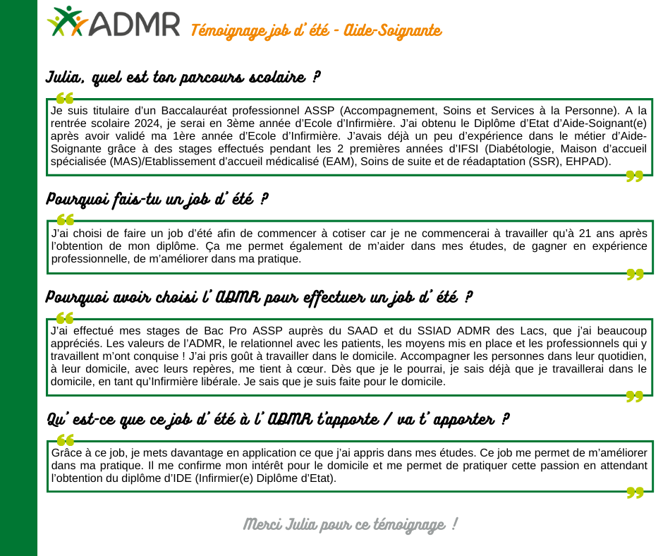 ADMRduJura's tweet photo. #ADMR #jobdete #aidesoignants
Julia, 20 ans, réalise actuellement son job d’été au sein de l’équipe ADMR #SSIAD des Lacs. Elle nous en dit un peu plus sur son parcours et son choix de #travail pour la période estivale... ⬇
👉 Pour nous rejoindre : ✉️recrutement@fede39.admr.org https://t.co/zWWIBsozgA