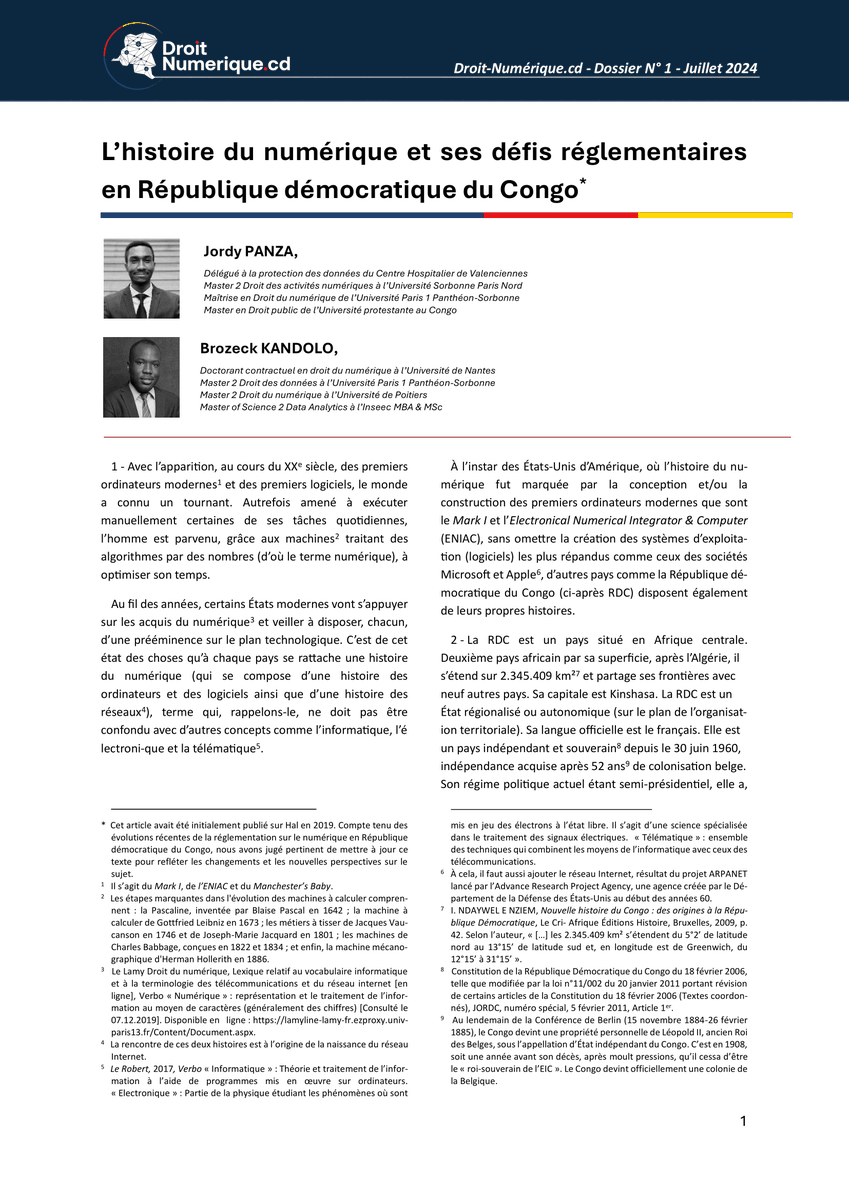droitnumCD's tweet photo. 📢 [𝑫𝒐𝒔𝒔𝒊𝒆𝒓 𝑵°1 - 𝑱𝒖𝒊𝒍𝒍𝒆𝒕 2024]

✨Nous sommes ravis de vous annoncer la publication de notre premier article sur l'histoire du numérique et ses défis réglementaires en RDC ! 🇨🇩

🖋️Coécrit par @JordyPanza  et @Kandolo_ 

Lien : https://t.co/JdE3FskJmV https://t.co/lvZfEKuwO7