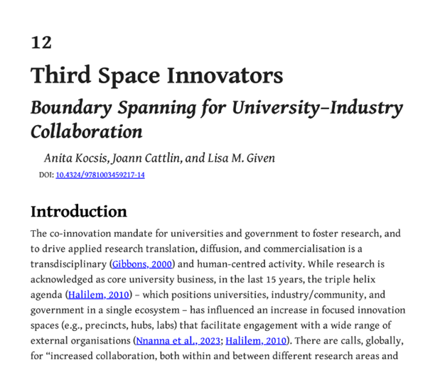 Joann Cattlin (@jocattlin) on Twitter photo Out this week - our chapter on Third Space Innovators-Boundary Spanning for University-Industry Collaboration. Great to work with <a href="/lisagiven/">Prof/Dr Lisa M Given, FASSA 🇨🇦🇦🇺</a> & Anita Kocsis on this routledge.com/From-Purpose-t… Out this week - our chapter on Third Space Innovators-Boundary Spanning for University-Industry Collaboration. Great to work with <a href="/lisagiven/">Prof/Dr Lisa M Given, FASSA 🇨🇦🇦🇺</a> & Anita Kocsis on this routledge.com/From-Purpose-t…