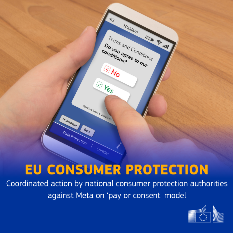 EU_Commission's tweet photo. Facebook and Instagram users have to choose to subscribe for a fee or to consent to Meta using their personal data — and make revenue out of it.
This practice could be misleading.
#EUconsumers are able to make informed choices, and we are taking action to protect this right.