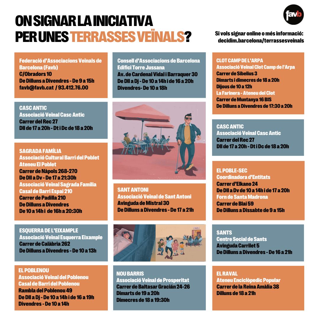 🍹🔊Encara no has signat per unes #terrassesveinals?

🧡Necessitem el vostre suport per aconseguir 15.000 signatures i portar a l'Ajuntament una nova ordenança municipal que ubiqui les terrasses correctament tenint en compte el veïnat i totes les condicions de l'espai públic!