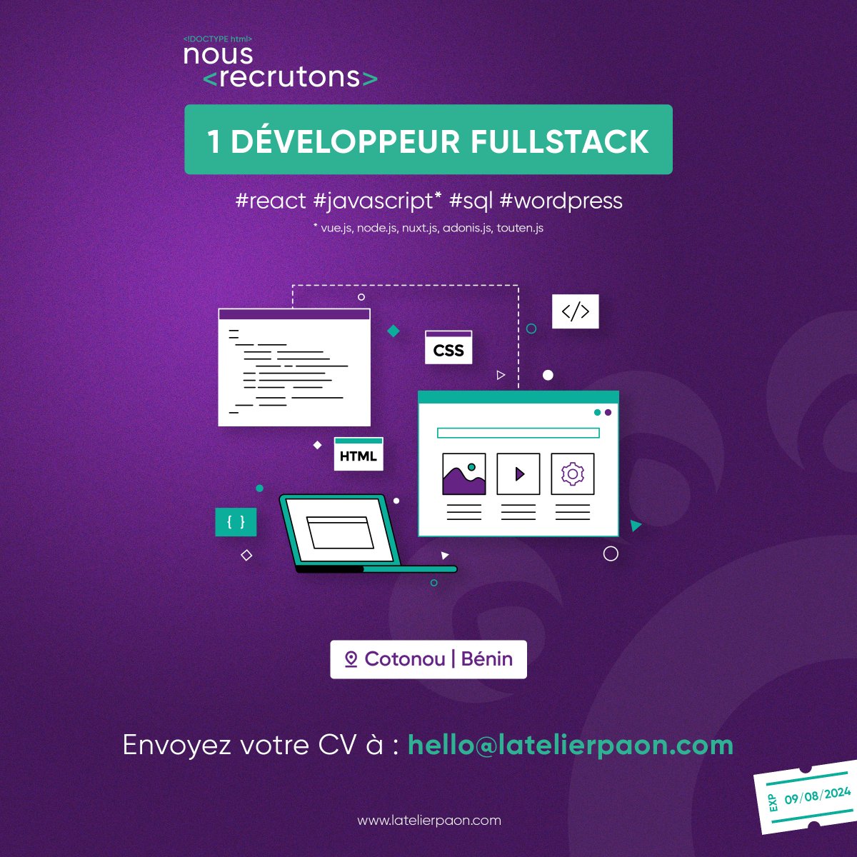 Creativity,
Good vibes,
Best smile,
Team spirit,

🤩 Ici, c'est l'atelierpaon 🦚

Rejoins-nous et exprime ton talent de Développeur ! 💪🏾
Envoie ton CV et tes réalisations à hello@latelierpaon.com !

#JobAlert #teampaon #dev #developpeur