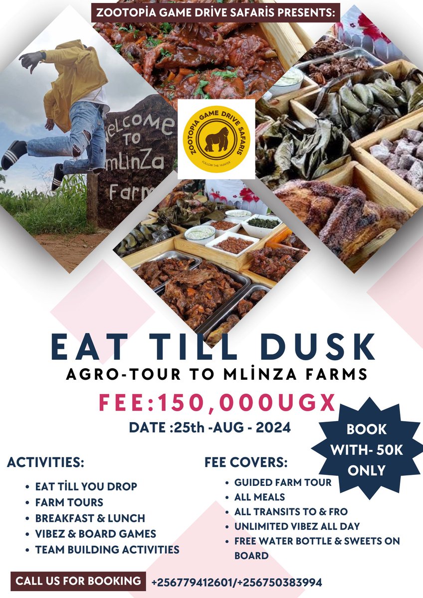ZootopiaSafaris's tweet photo. Hello Uganda, our next travel destination is out. Get in touch to book your slot right now! #Eattillyoudrop #mlinzafarmtrip #agrotourism #farmtrip #grouptrip #zilobwe. https://t.co/IW7kxb9Y9j