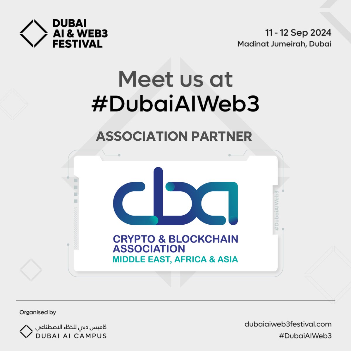 meaacba's tweet photo. Join us on 11-12 September 2024 at Madinat Jumeirah, Dubai, to witness groundbreaking advancements in AI and Web3 and to celebrate this significant partnership.

Book your tickets now using the coupon code ‘CBA20’ at checkout to secure a 20% discount: https://t.co/86NS7mYoO5 https://t.co/exZXyX4oND