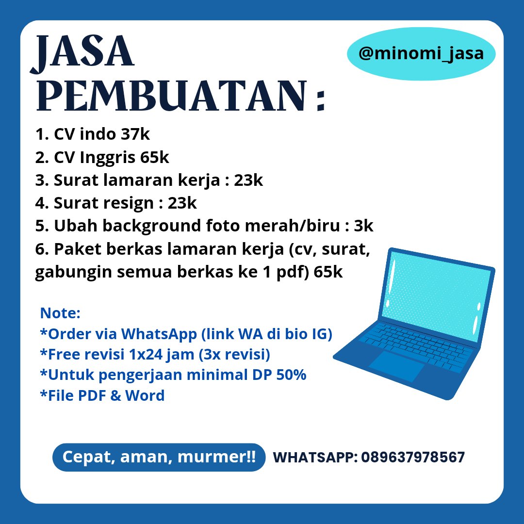 MinomiJasa's tweet photo. Jasa pembuatan CV, surat lamaran, surat resign, dan jasa Berkas lamaran kerja 😊 https://t.co/K8C3kTFJbx https://t.co/pvsgFXMhr3