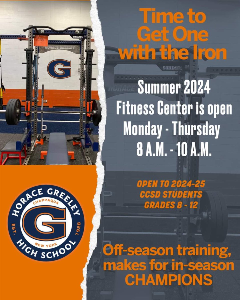 Plan for next week! The Fitness Center is open Monday through Thursday from 8-10 a.m. throughout the summer. 
#GoGreeley #WeAreChappaqua