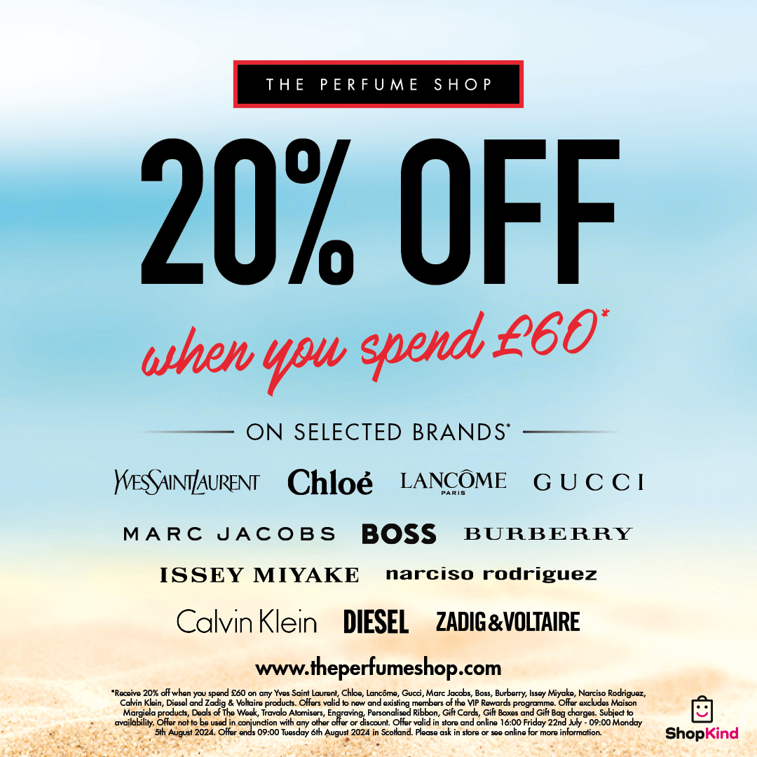 ClydeShopping's tweet photo. Enjoy 20% off when you spend £60 on selected lines this summer! Visit us in store to purchase your new summer scent today @theperfumeshop @TPS_Clydebank
#Summer2024 #theperfumeshop #tpssc https://t.co/3l4SaP7t46