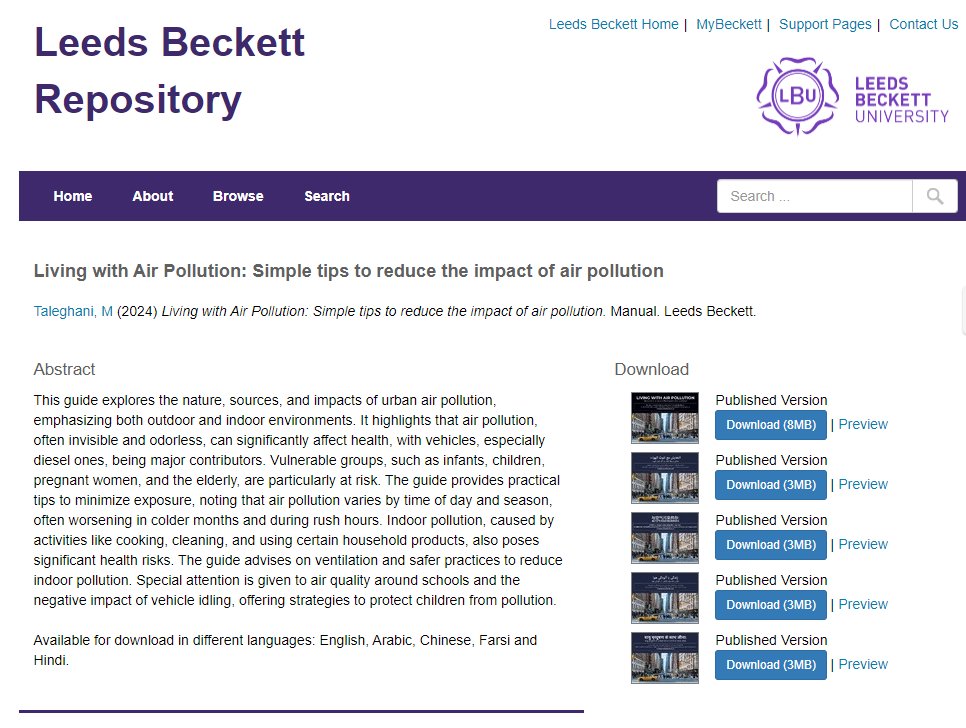 Breathe easier! Download <a href="/Eco_Researcher/">Mohammad_Taleghani</a>'s guide for tips on reducing air pollution's impact: eprints.leedsbeckett.ac.uk/id/eprint/11081 🚗🚙Diesel vehicles &amp; idling are big culprits. Let's protect our health &amp; our planet! #CleanAir #Health
English, Arabic, Chinese, Farsi &amp; Hindi available!