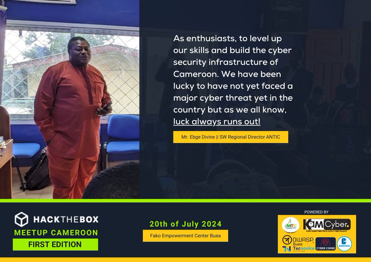 KAMCYBER_CMR's tweet photo. Successful launching of the first HACKTHEBOX physical meetup in Buea, Southwest region of Cameroon.

#HTBMeetupCameroon  
#CyberSecurity
#Practical and Interactive Cybersecurity Workshop 
#ANTIC Cameroon
#kamcyber_cmr
#CybercombiCmr https://t.co/19JdZiUmvR
