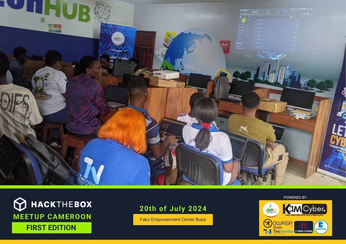 KAMCYBER_CMR's tweet photo. Successful launching of the first HACKTHEBOX physical meetup in Buea, Southwest region of Cameroon.

#HTBMeetupCameroon  
#CyberSecurity
#Practical and Interactive Cybersecurity Workshop 
#ANTIC Cameroon
#kamcyber_cmr
#CybercombiCmr https://t.co/19JdZiUmvR