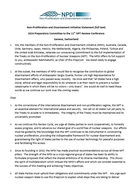 TheNPDI's tweet photo. Find the NPDI statement during the 2024 NPT PrepCom General Debate below, delivered by Ambassador Sorreta of the Philippines. Reiterating our unwavering commitment to full implementation of the Treaty. https://t.co/ToWODxJKBC