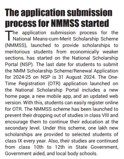 h_pongilath's tweet photo. The application submission process for the National Means-cum-Merit #Scholarship Scheme (#NMMSS), launched to provide scholarships to meritorious students from Economically Weaker Sections (#EWS) has started on the National Scholarship Portal (NSP).
Last date is 31 August 2024 https://t.co/nqoT3jaHP0