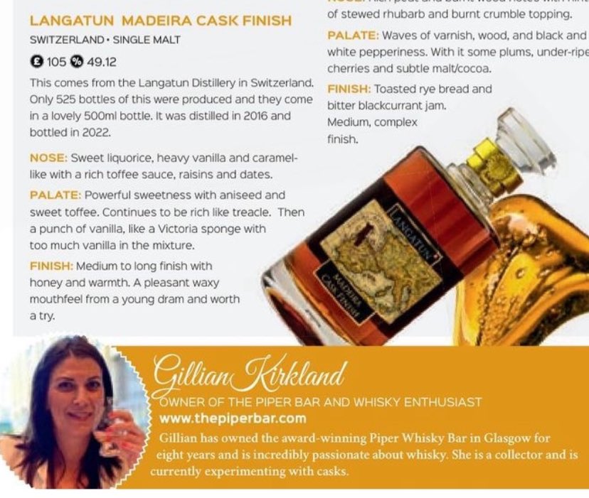 Thank you to <a href="/gilliankirklan2/">Gillian Kirkland</a> of the <a href="/ThePiperbar/">The Piper Whisky Bar</a> for her kind review of our Langatun Swiss Single Malt Whisky - Madeira Cask Finish in <a href="/caskandstillmag/">Cask and Still</a> Cheers!