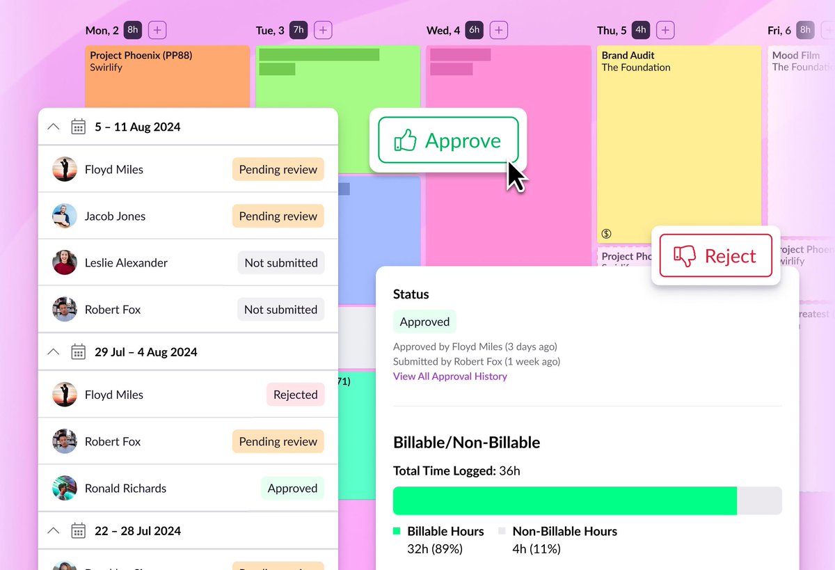 Spending too much time chasing incomplete timesheets or fixing inaccurate ones? Timesheet Approvals are here to ease your admin 🙌.

Track the status of every timesheet. See what needs to be reviewed and what's missing. Approve, reject, and apply quality control to every hour
