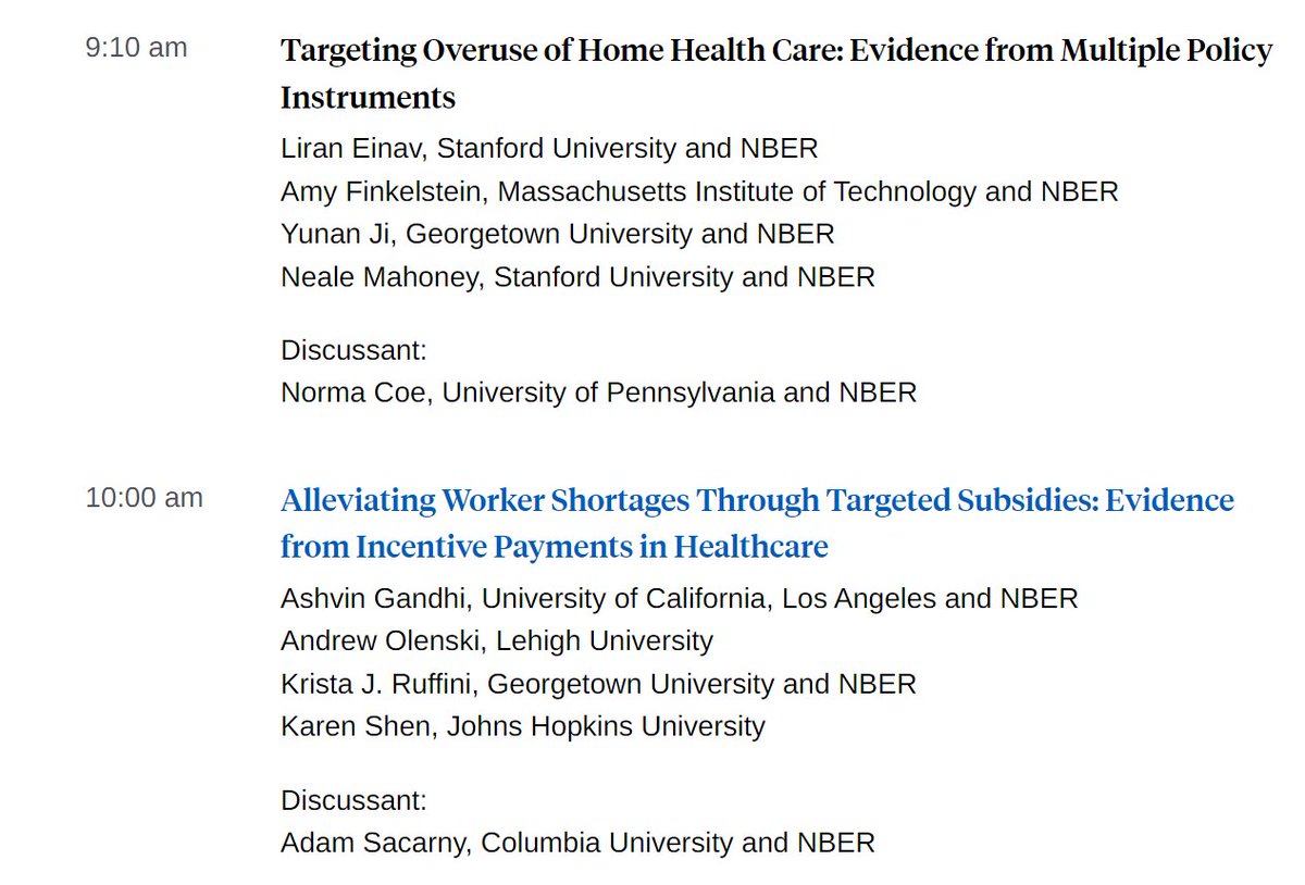 Tune in today and tomorrow for fascinating research on Aging! NBER Aging workshop, youtube.com/nbervideos  starting 9:10am nber.org/conferences/si…. @Cutler_econ Jonathan Skinner <a href="/nberpubs/">NBER</a>