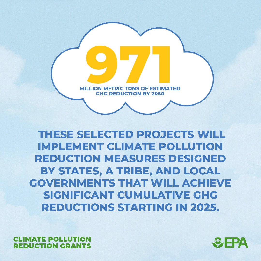 EPA's tweet image. 📣 Congratulations to the selected applicants! We've selected 25 applicants to receive over $4.3 billion in grants to carry out community-driven solutions that tackle the climate crisis, reduce air pollution, and advance environmental justice.

🔗epa.gov/newsreleases/b…