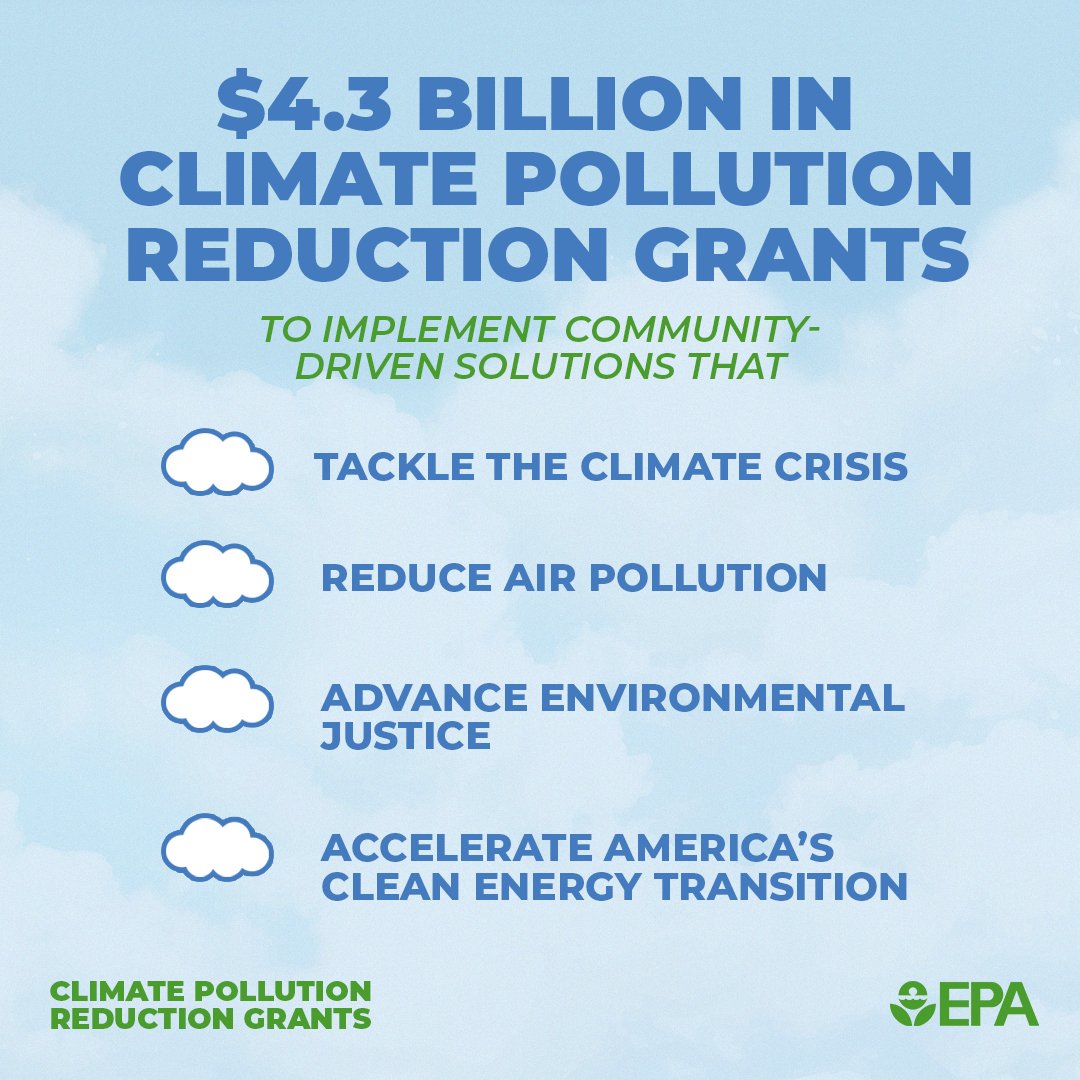 EPA's tweet image. 📣 Congratulations to the selected applicants! We've selected 25 applicants to receive over $4.3 billion in grants to carry out community-driven solutions that tackle the climate crisis, reduce air pollution, and advance environmental justice.

🔗epa.gov/newsreleases/b…