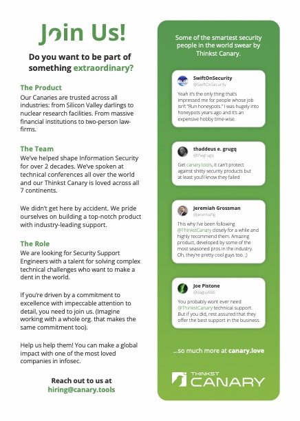 We slipped one of these in the bags at <a href="/BSidesJoburg/">BSides Joburg</a> this weekend because we are looking for amazing support engineers (to join our amazing support engineers).

"If you’re driven by a commitment to excellence with impeccable attention to detail, you need to join us"

Join us!