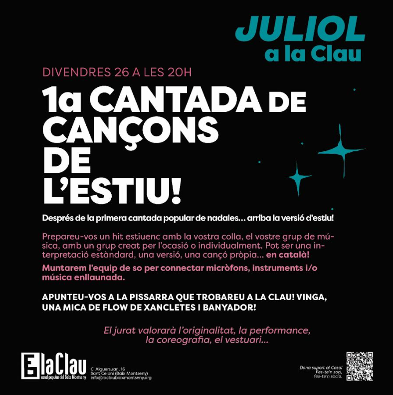 InfoClau's tweet photo. 😎🌴La cloenda del cicle de juliol no pot ser més especial! 

👉Després de l'èxit de les nadales us proposem la 🎙️Cantada Popular de cançons d'estiu🎙️! 

🗓️🎤Aquests divendres 26, a les 20 h, ajunteu-vos, assageu, afineu i presenteu el vostre hit musical estival! 👏🪇 https://t.co/HhoMOQ3Eqx