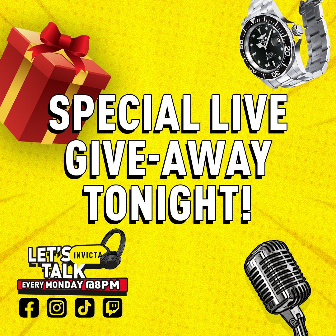 In Tonight's Let's Talk Invicta Show we will be giving some gifts to you, our Invicta Family! 💛 🎁 Tag your friends and family so they know to watch tonight 🤩 See you on YouTube, Facebook, Instagram or Twitch at 8pm 🔥
#liveshow #giveaway #liveshopping  #talkshow #invictawatch