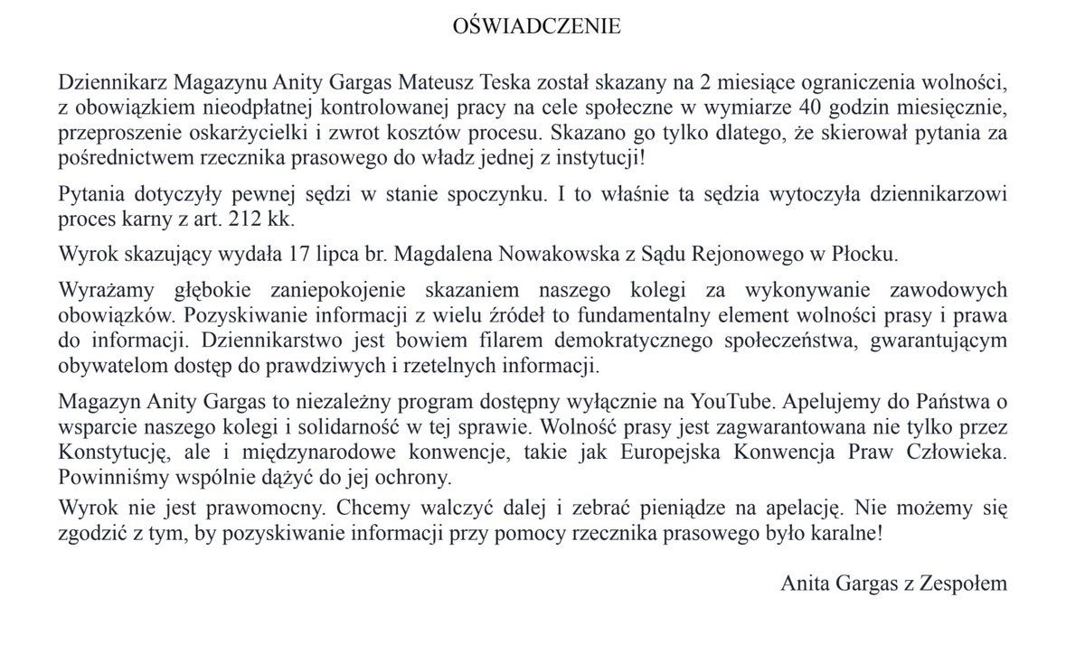 Magazyngargas's tweet image. Skandaliczny wyrok na dziennikarza Magazynu Anity Gargas! Skazany na 2 miesiące ograniczenia wolności za wysłanie do rzecznika maila z pytaniami!
#wymiar_niesprawiedliwości
#sądy
#kasta