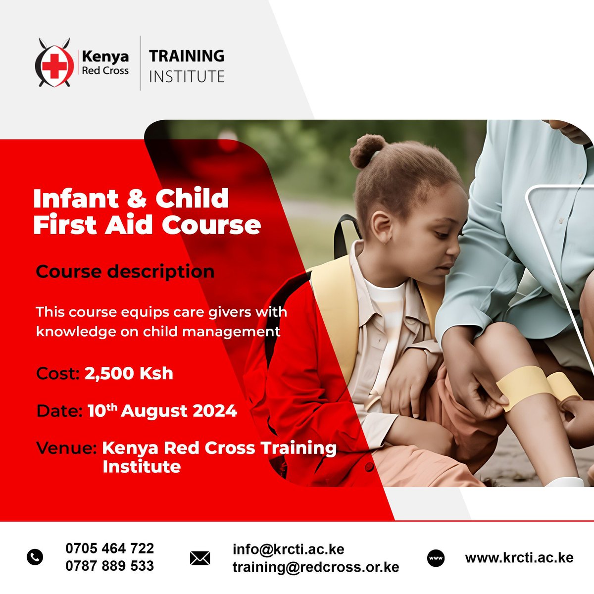 KRCTI_Kenya's tweet photo. Did you know? Knowing first aid can save a child's life!
Enroll and secure your spot today!
π Call: 0705 464 722 / 0787 889 533
βοΈ Email: admissions@redcross.or.ke
π https://t.co/i47bocdrf4
#FirstAid #ChildSafety #InfantFirstAid #KRCTI #EmergencyPreparedness https://t.co/ZwE2X88EtX