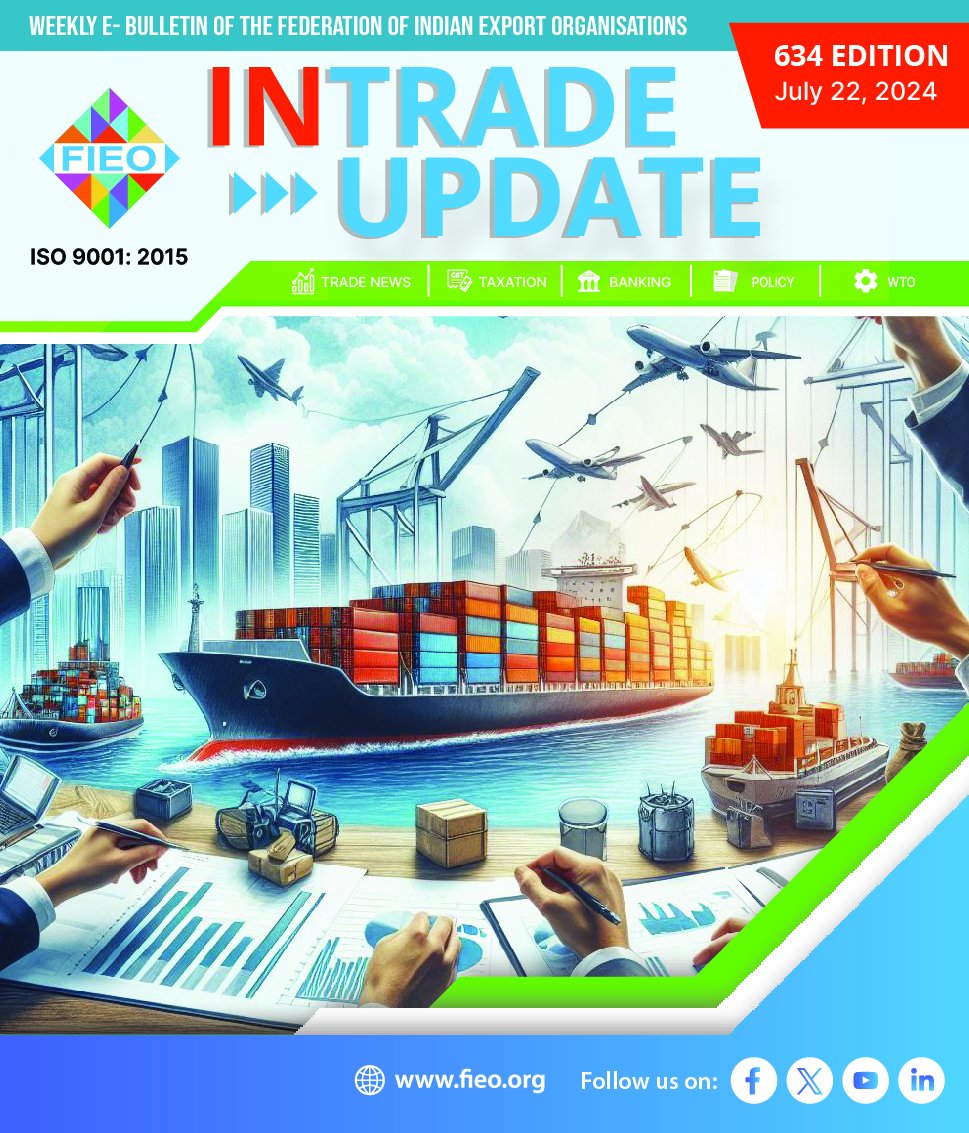 FieoHq's tweet photo. Check the latest Issue of "INTRADE UPDATE"– FIEO's weekly e-bulletin to keep you posted with the global developments affecting International trade as well as country’s foreign trade.
Read full #IntradeUpdate: https://t.co/2nnugOoARu
#trade #economy #banking #finance #logistics https://t.co/7BFcAouJ5Q