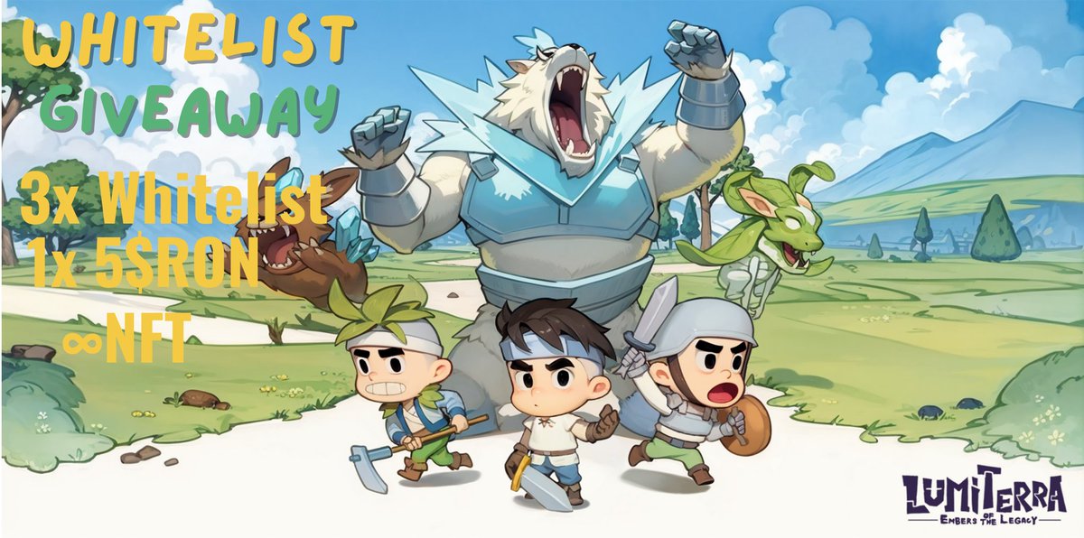 🎆Lumiterra GIVEAWAY 🎆
Celebrate the upcoming launch of the Closed beta for <a href="/LumiterraGame/">Lumiterra (mainnet arc)</a> 🥳

We’re giving away:
🎁 3x Whitelist
🎁 1x 5 $RON
🎁 FREE NFT FOR ALL on mint.lumiterra.net

🫴 Follow <a href="/xButko98/">Butko</a> and <a href="/LumiterraGame/">Lumiterra (mainnet arc)</a>
🫴 Like &amp; Retweet this tweet 
🫴 Tag 2 friends