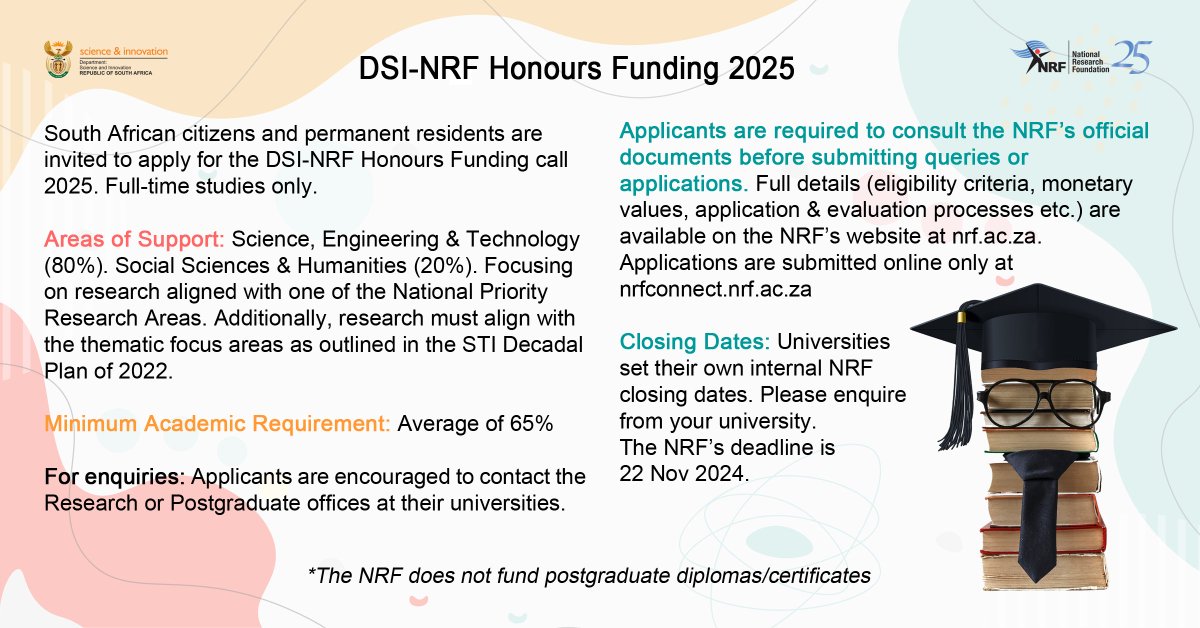 The 2025 DSI-NRF Honours funding call is now open for applications.

Applicants must consult the NRF’s official documents via this link before sending queries or submitting applications: nrf.ac.za/announcement-o…