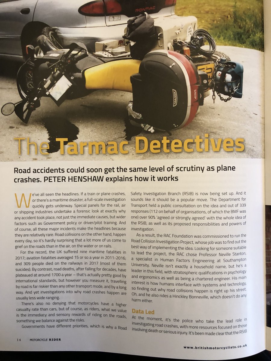 Pleased to see the article on my work on the Road Collision Investigation Project for DfT and RAC Foundation in the British Motorcyclists Federation Motorcycle Rider magazine this month (issue 104, pages 14-17) #safety #investigation #RoadSafety #collisions #crashes #motorcycle
